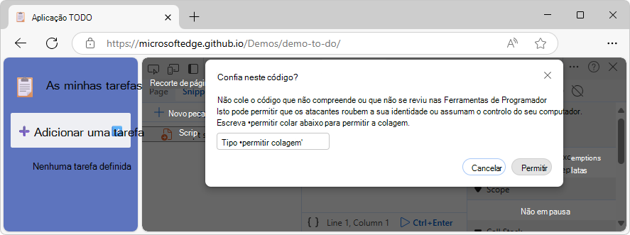Editor da guia Snippets da ferramenta Sources exibindo o aviso self-XSS