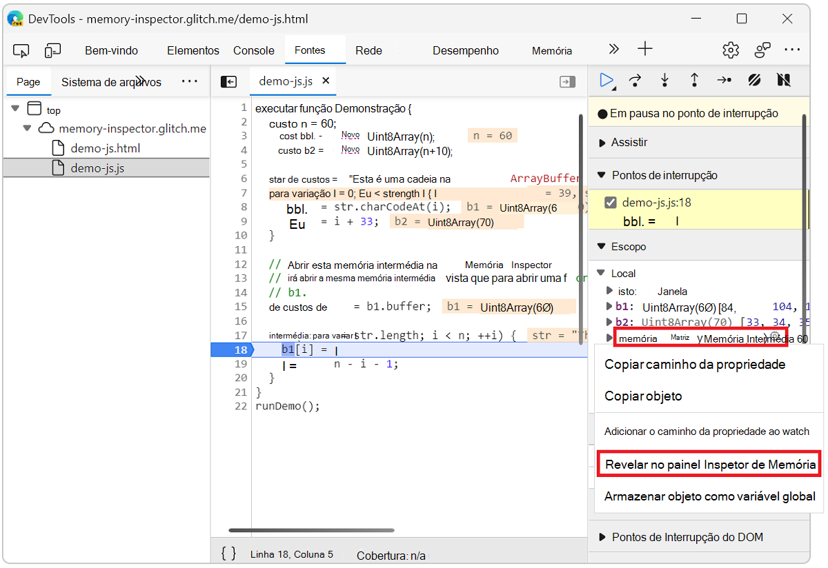 Abra o Inspetor de Memória no menu de contexto da linha de propriedade do buffer