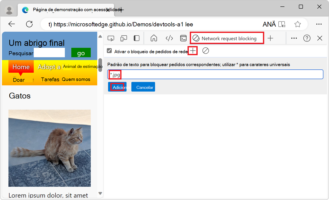 A ferramenta de bloqueio de solicitação de rede, mostrando o novo padrão de bloqueio *.jpg