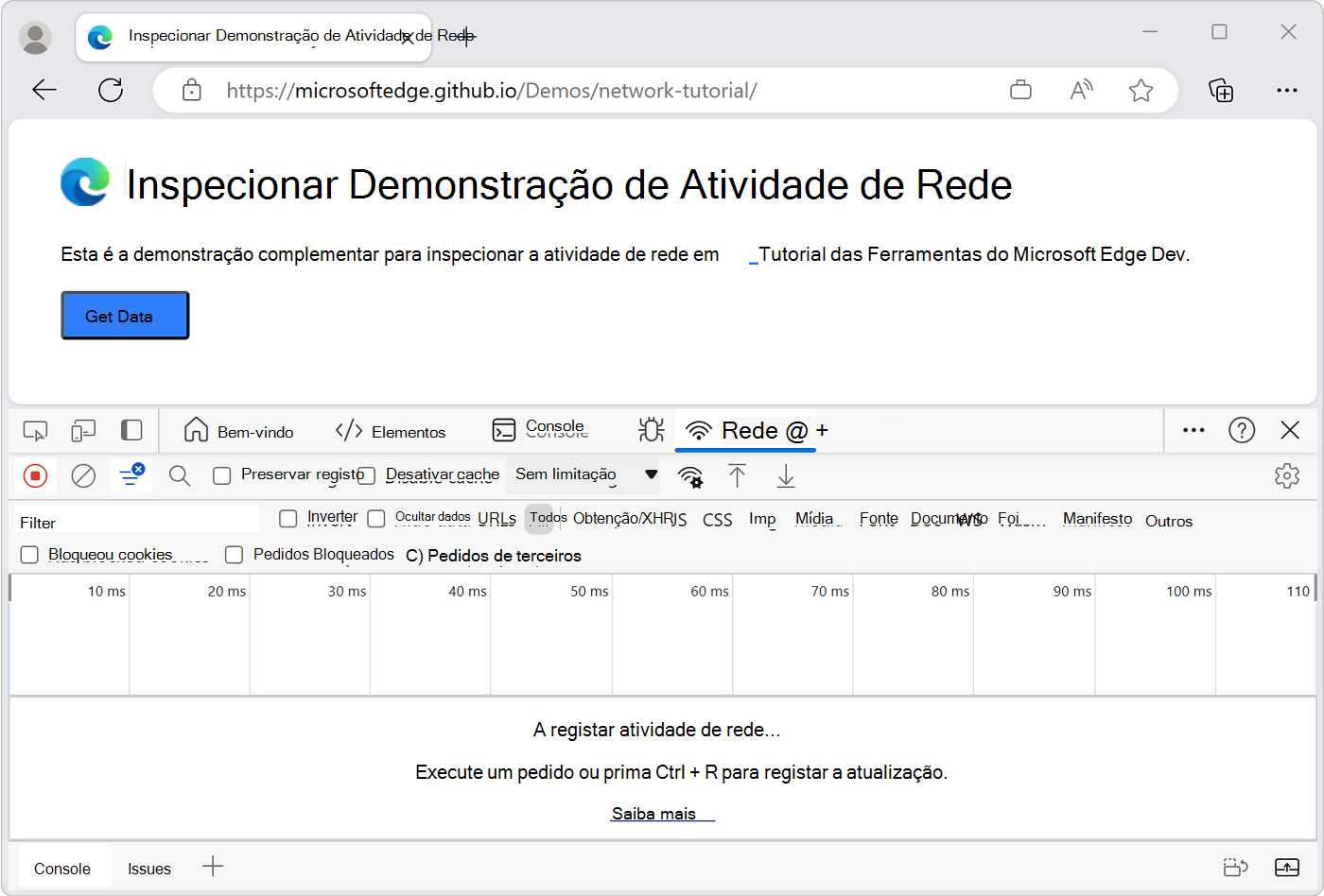 Ferramenta Rede no DevTools, com o DevTools encaixado na parte inferior da janela