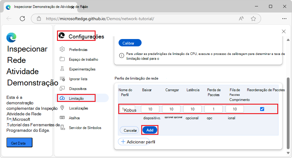 Criando um perfil de limitação personalizado nas configurações > do DevTools > Limitação
