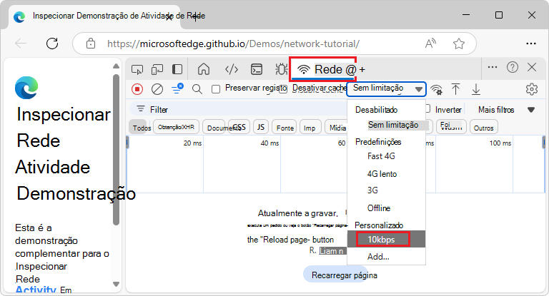 Selecionando um perfil personalizado no menu suspenso Limitação