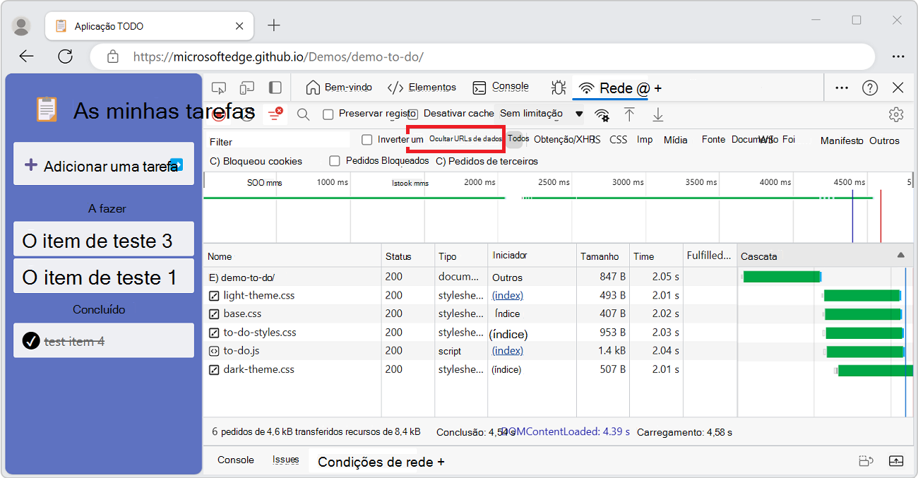 A caixa de seleção Ocultar URLs de dados