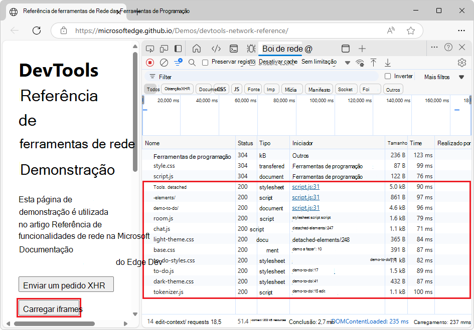 O log de solicitações de rede com solicitações não agrupadas