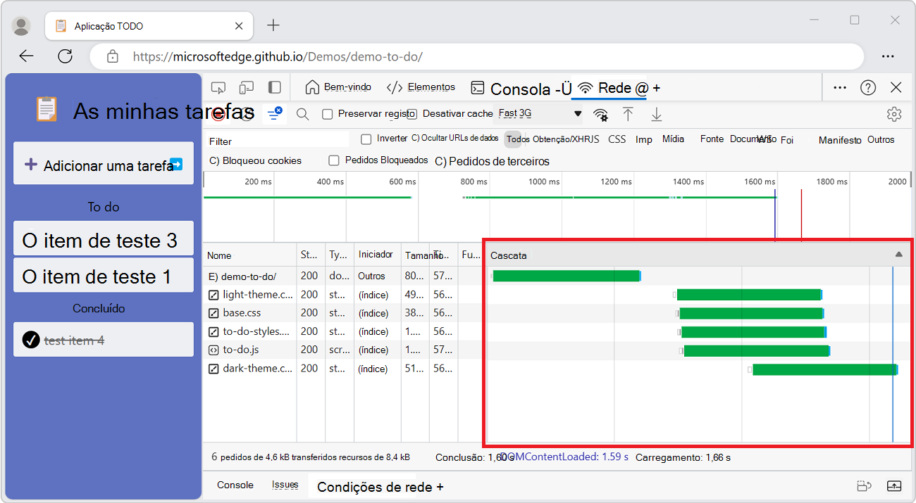A coluna em cascata do painel Solicitações