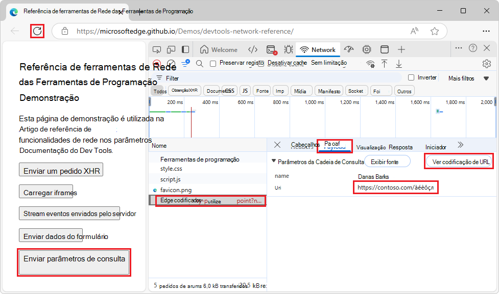 Parâmetros de cadeia de caracteres de consulta mostrados com caracteres decodificados