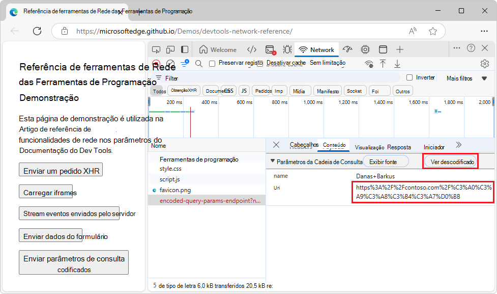 Parâmetros de cadeia de caracteres de consulta mostrados com caracteres codificados como URL.