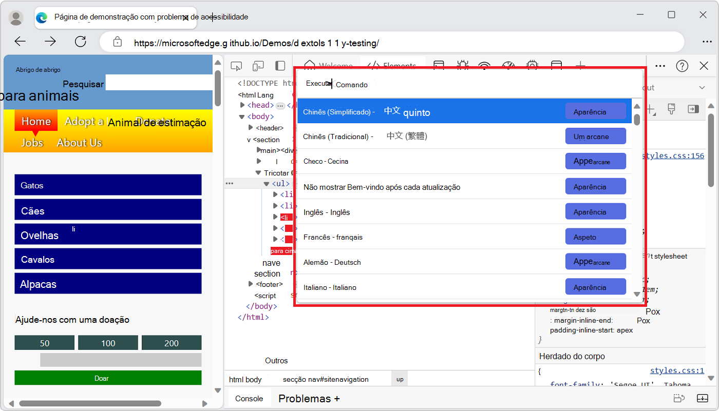 o Menu de Comando no DevTools