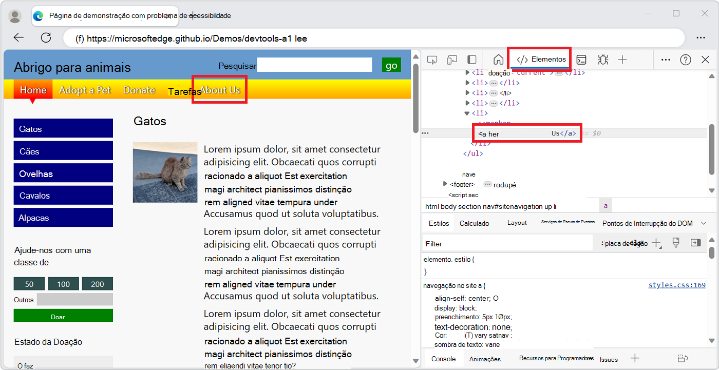 O DevTools foi aberto no lado direito do Microsoft Edge, com um elemento DOM selecionado na árvore DOM na ferramenta Elementos