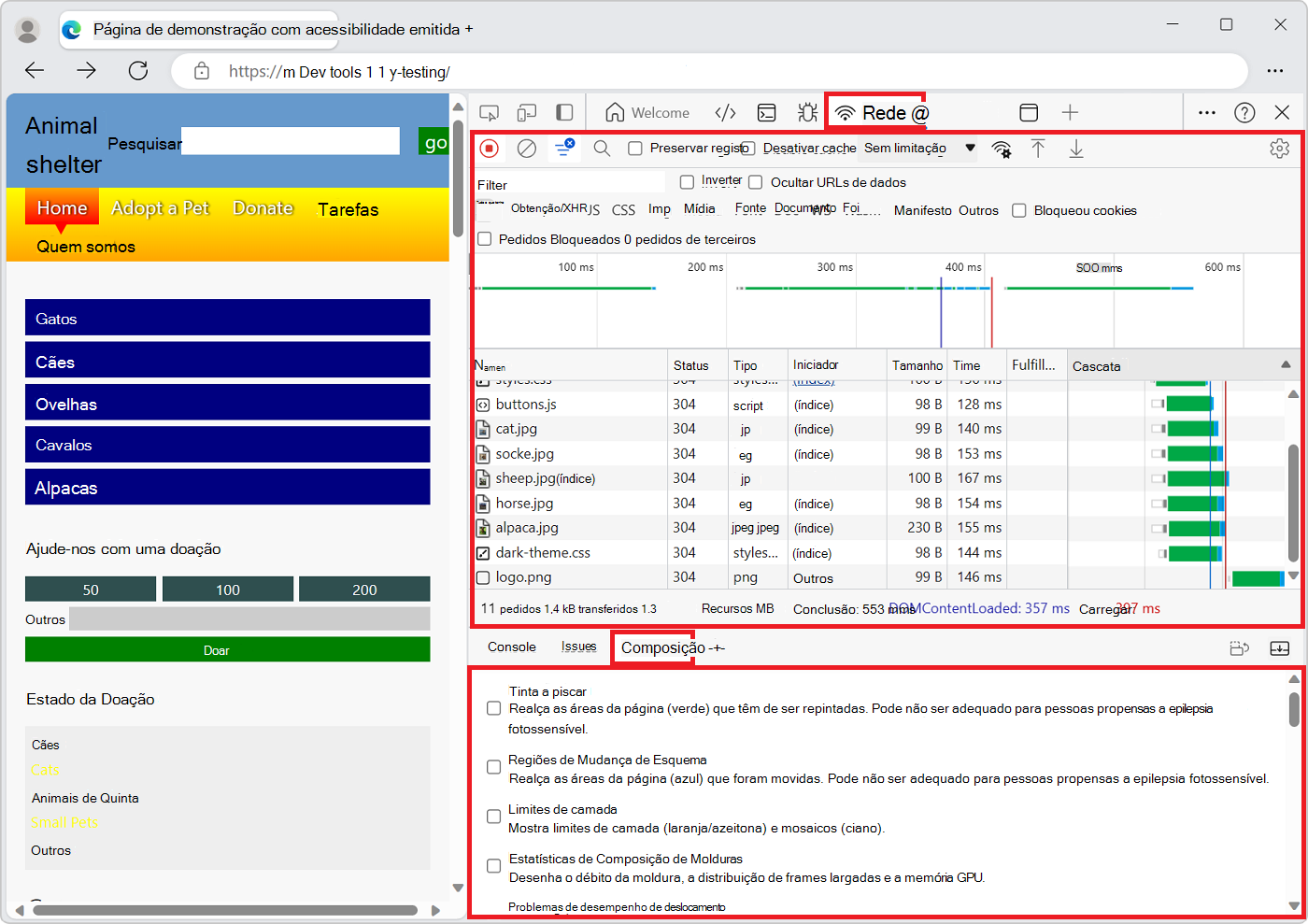 DevTools com a ferramenta Rede na parte superior e a ferramenta Renderização na parte inferior