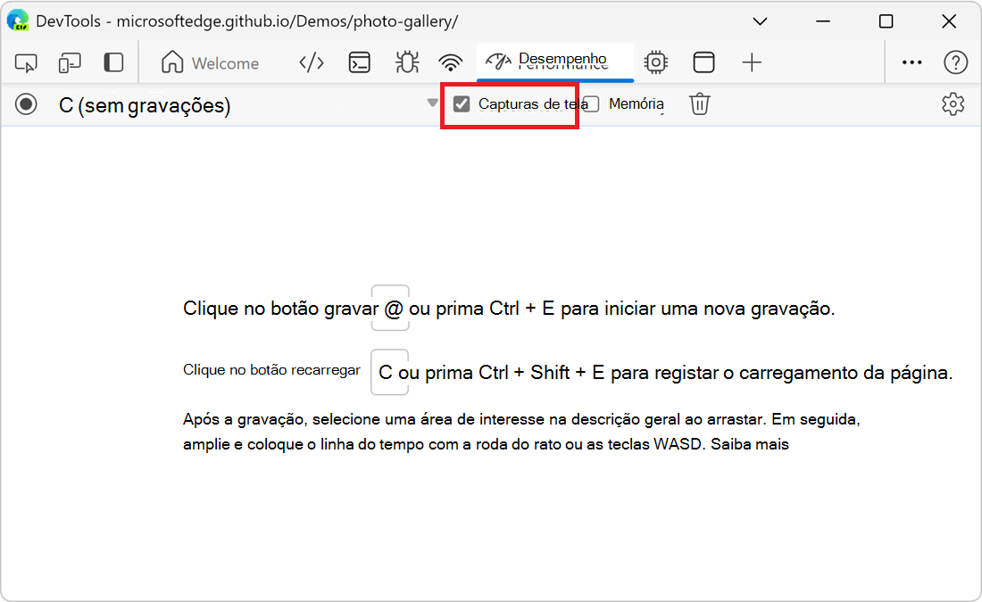 A caixa de seleção Capturas de tela