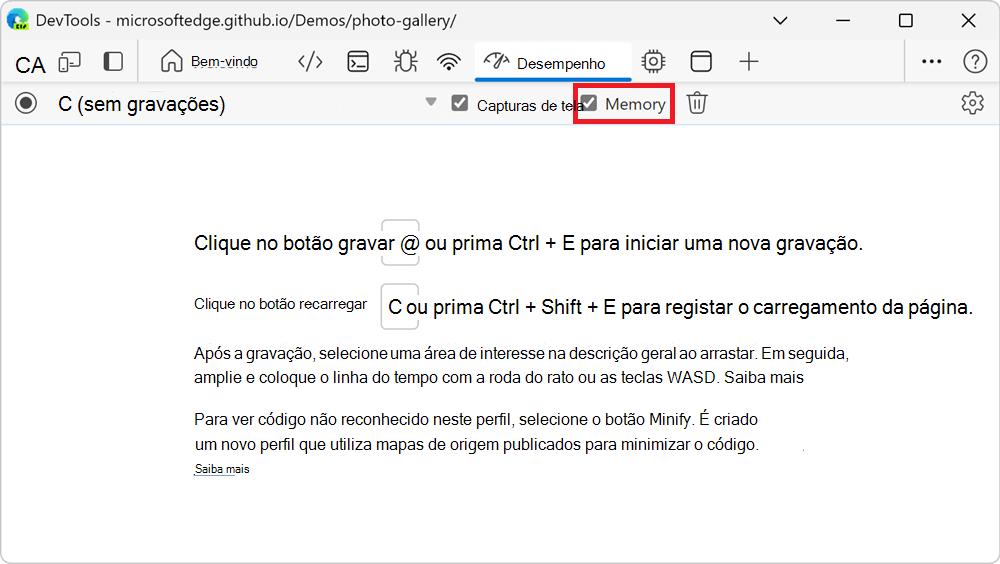 A caixa de seleção Memória