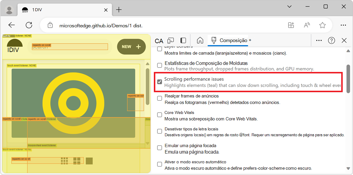 Problemas de desempenho de rolagem indica que objetos não restritos à viewport de camada podem prejudicar o desempenho de rolagem