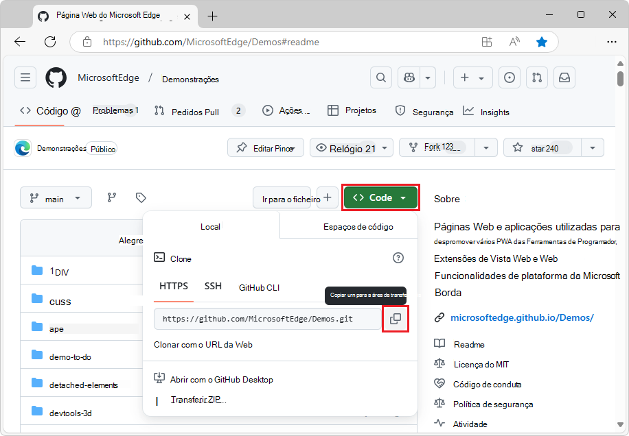 O botão Código do repositório Demos para obter a URL da Web