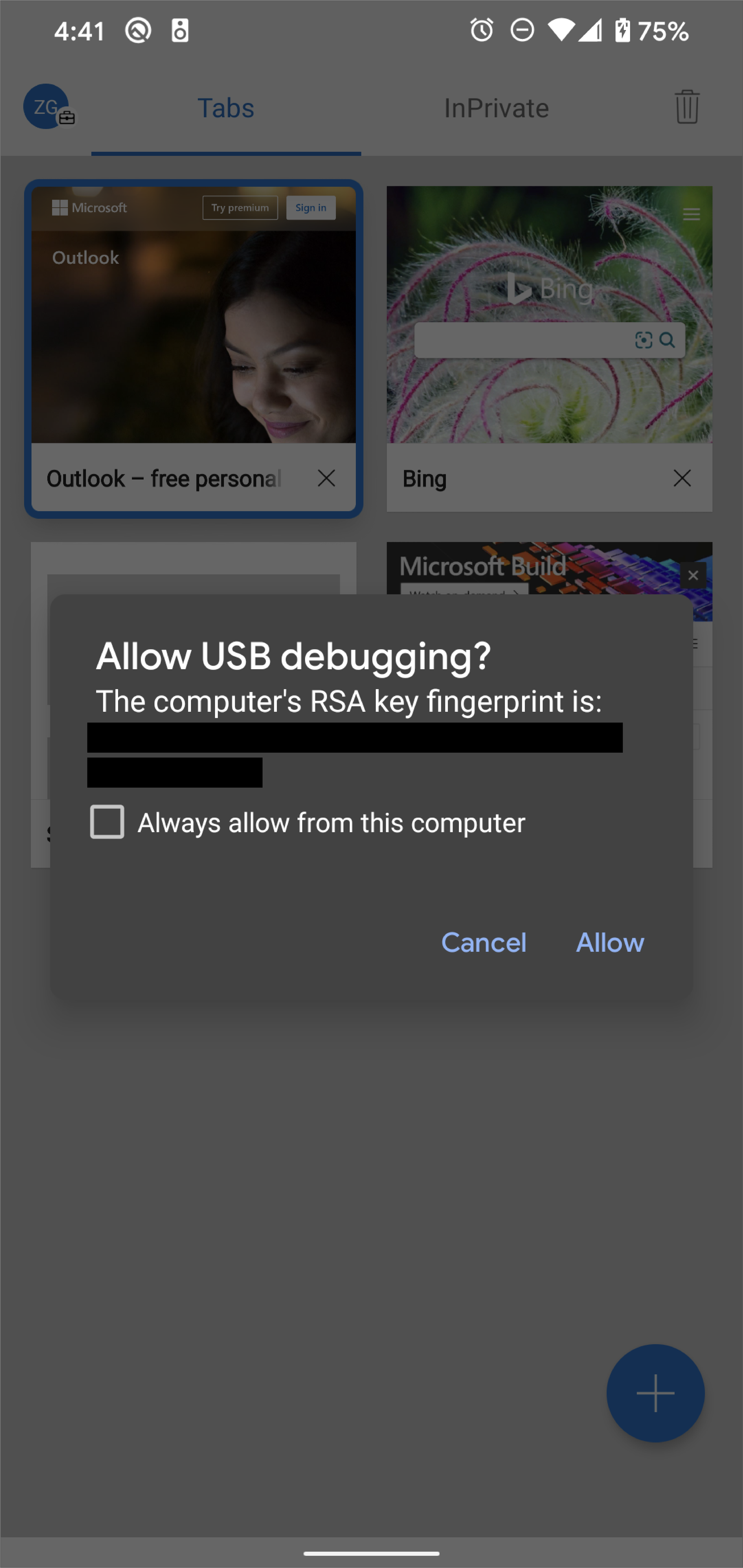 O prompt de permissão Permitir Depuração USB em um dispositivo Android