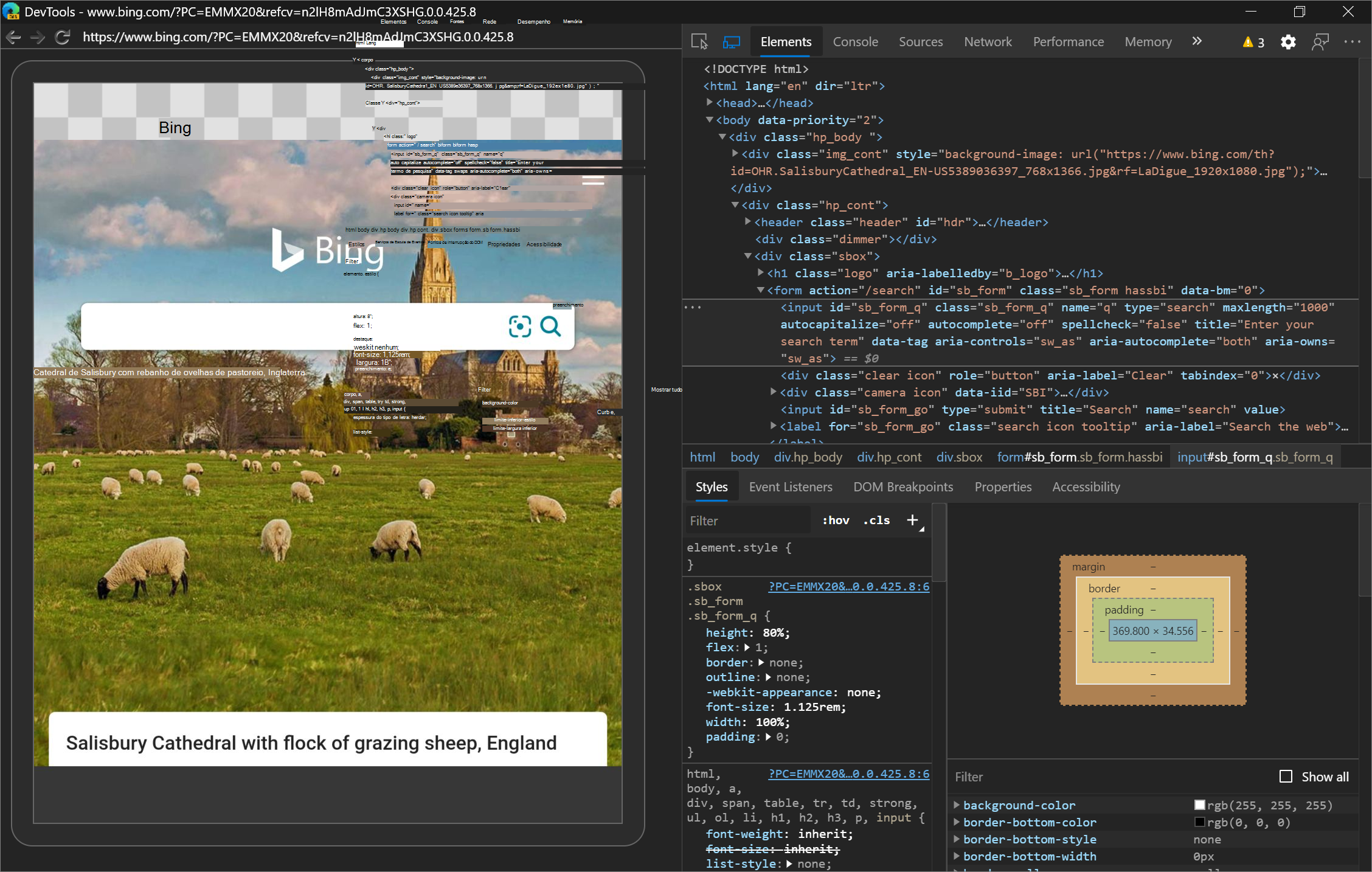 Usando o DevTools do Microsoft Edge para depurar o Bing no aplicativo Microsoft Edge no emulador Surface Duo