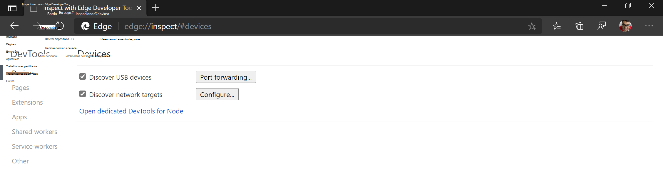 A página edge://inspect no Microsoft Edge na área de trabalho