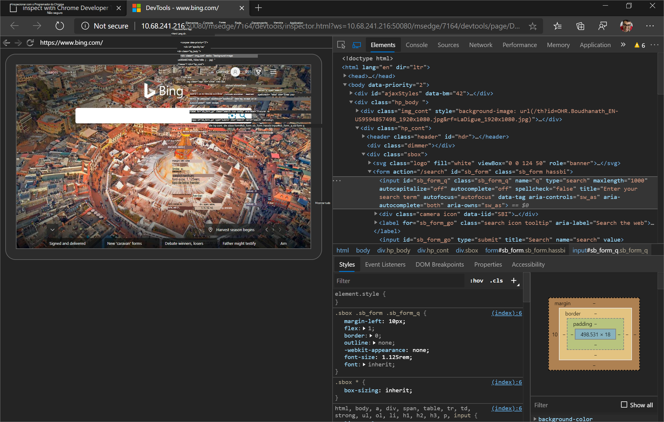 O DevTools do Microsoft Edge no cliente depurando uma guia no Microsoft Edge no host