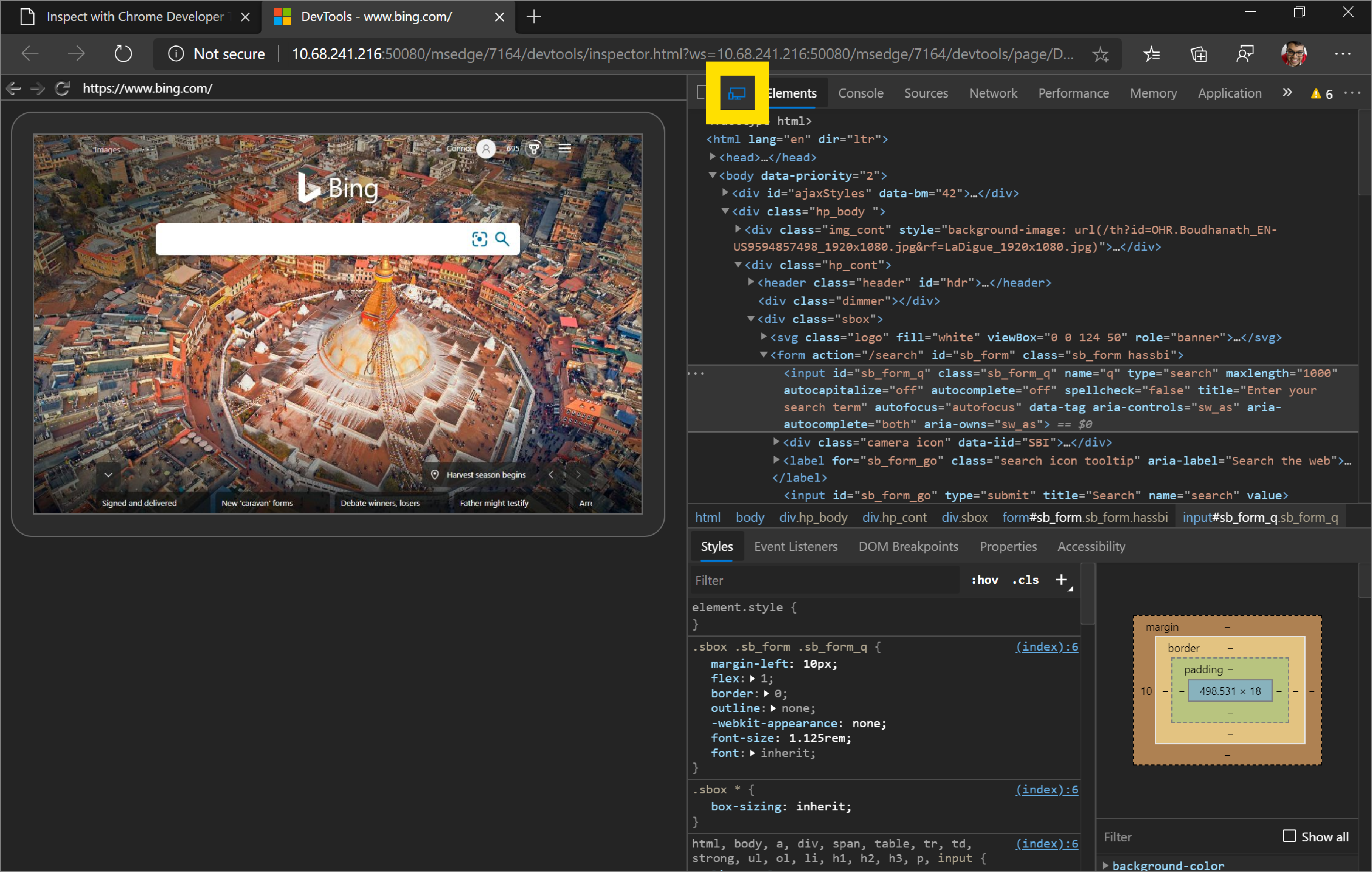 O botão Ativar/Desativar Screencast no Microsoft Edge DevTools no cliente