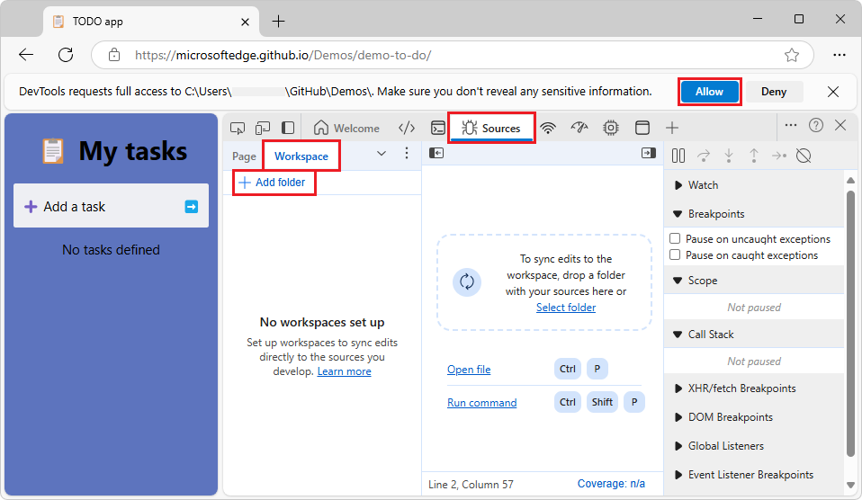 O DevTools solicita acesso para adicionar uma pasta ao Workspace
