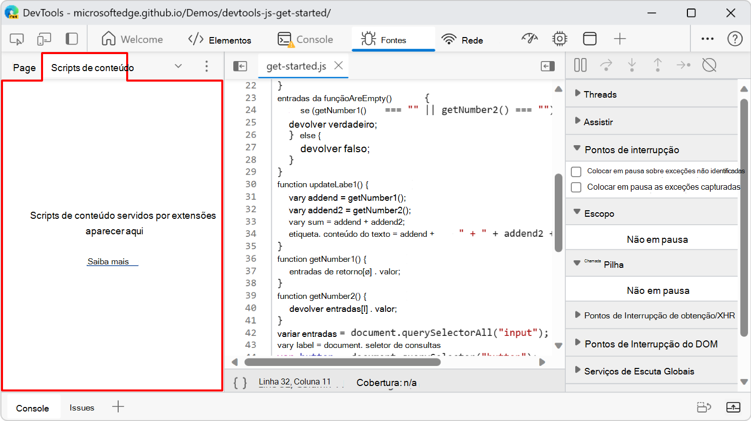 A guia Scripts de conteúdo do painel Navegador