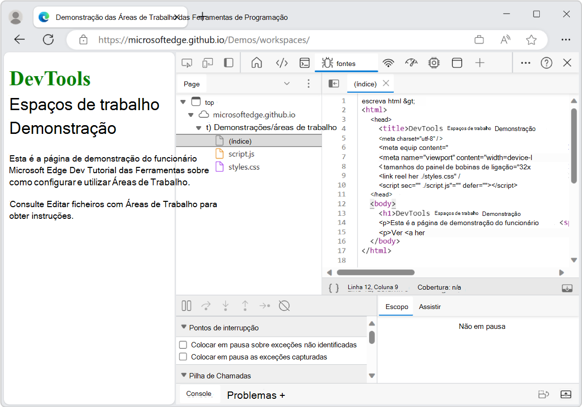 O editor de HTML da ferramenta Fontes