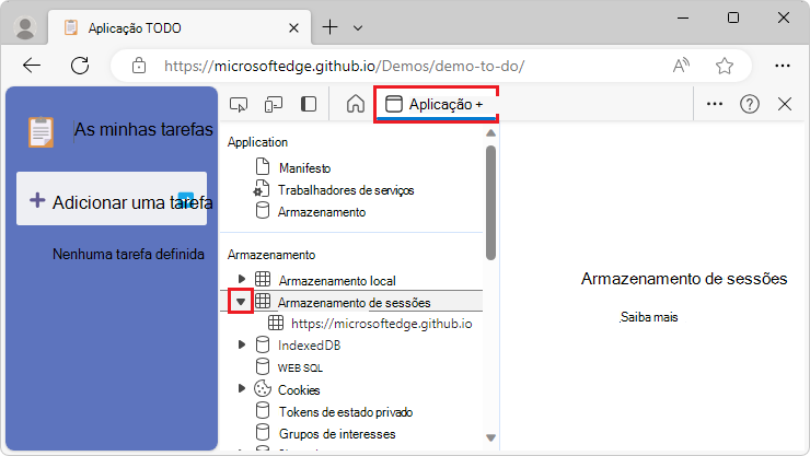 O menu de armazenamento de sessão