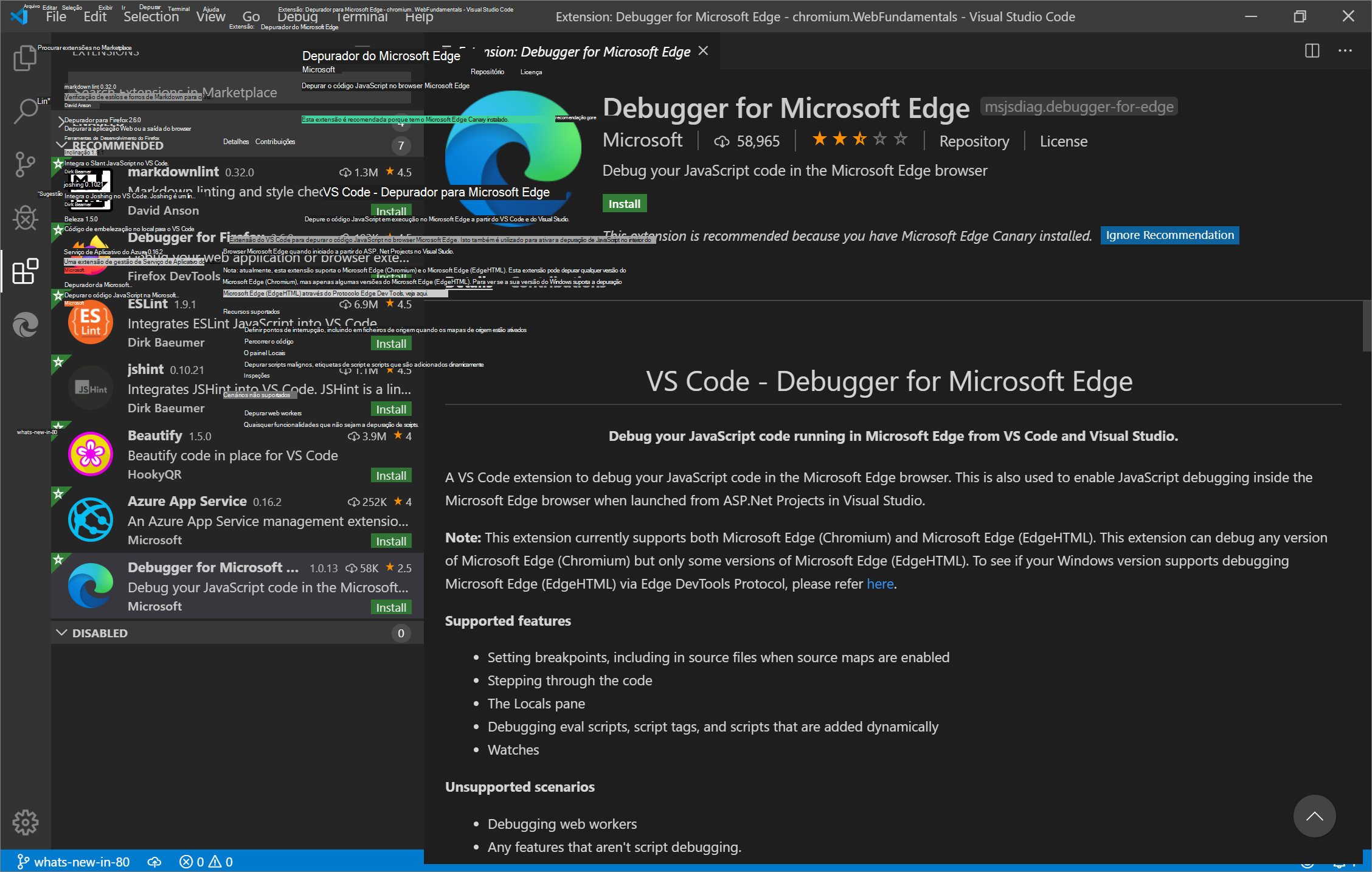 O Depurador da extensão do Microsoft Edge no Visual Studio Code