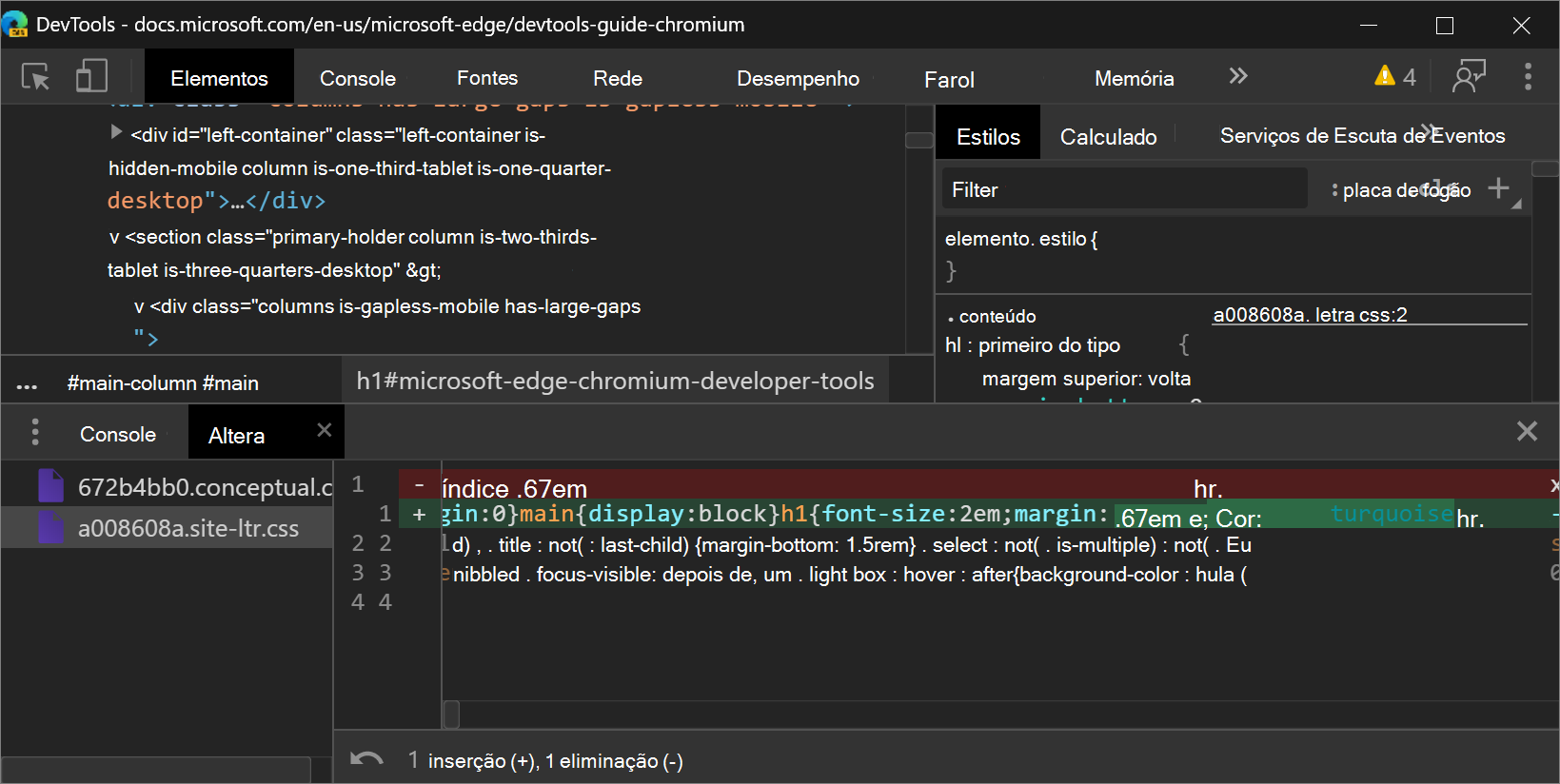 No Microsoft Edge 83, você pode rolar horizontalmente com as teclas de direção para exibir o código minificado na ferramenta Alterações