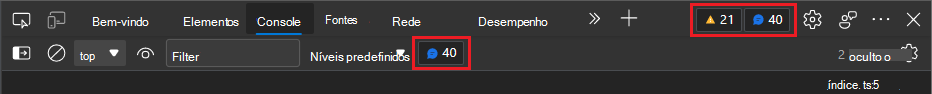 A interface do usuário de erros, avisos e problemas na barra de ferramentas e no Console