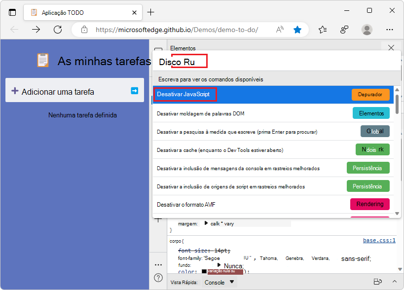 Usando o Menu de Comando para selecionar Desabilitar JavaScript