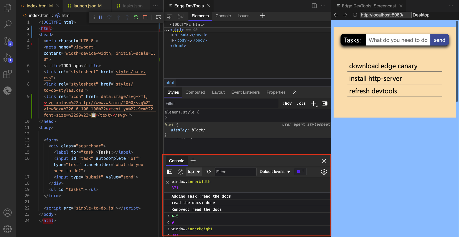 O Console do DevTools dentro da extensão ao lado da ferramenta de elementos