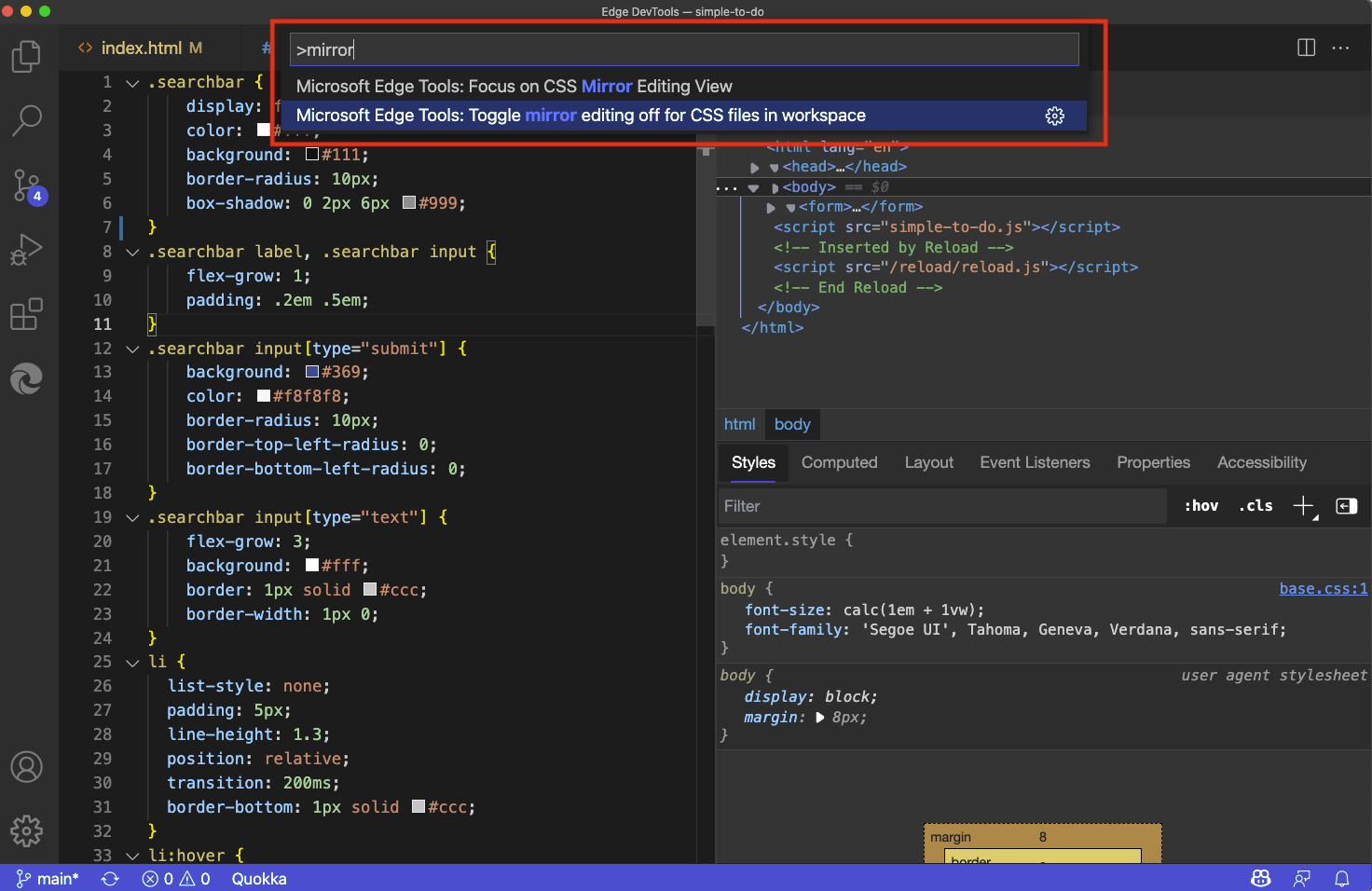 Usando o Menu de Comando para focalizar a visualização de edição de espelho CSS e ativar ou desativar a edição de espelho CSS