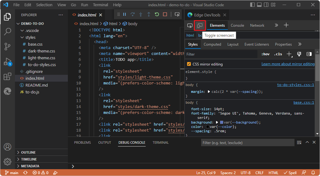 Clique no botão 'Alternar screencast' para abrir a guia do navegador DevTools