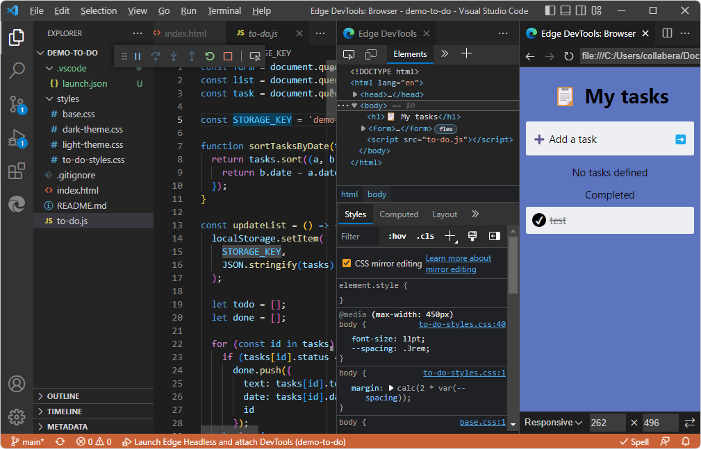 O botão Inspecionar abre o DevTools do Microsoft Edge dentro do Visual Studio Code