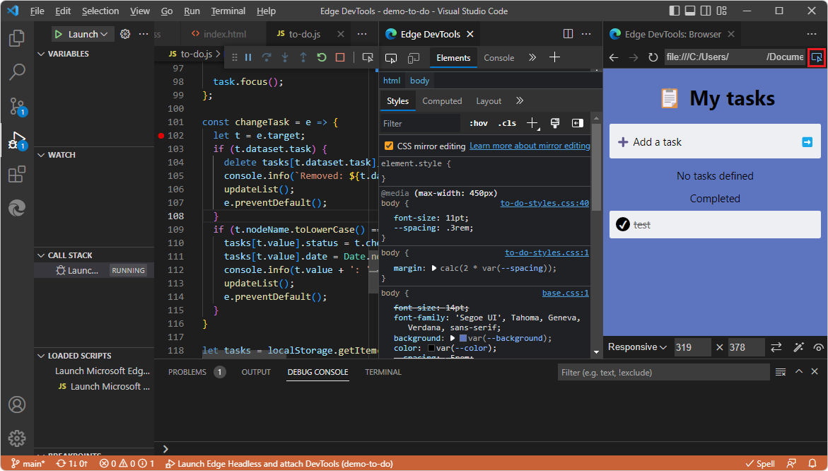 O botão 'Fechar DevTools' na guia 'Edge DevTools: navegador'