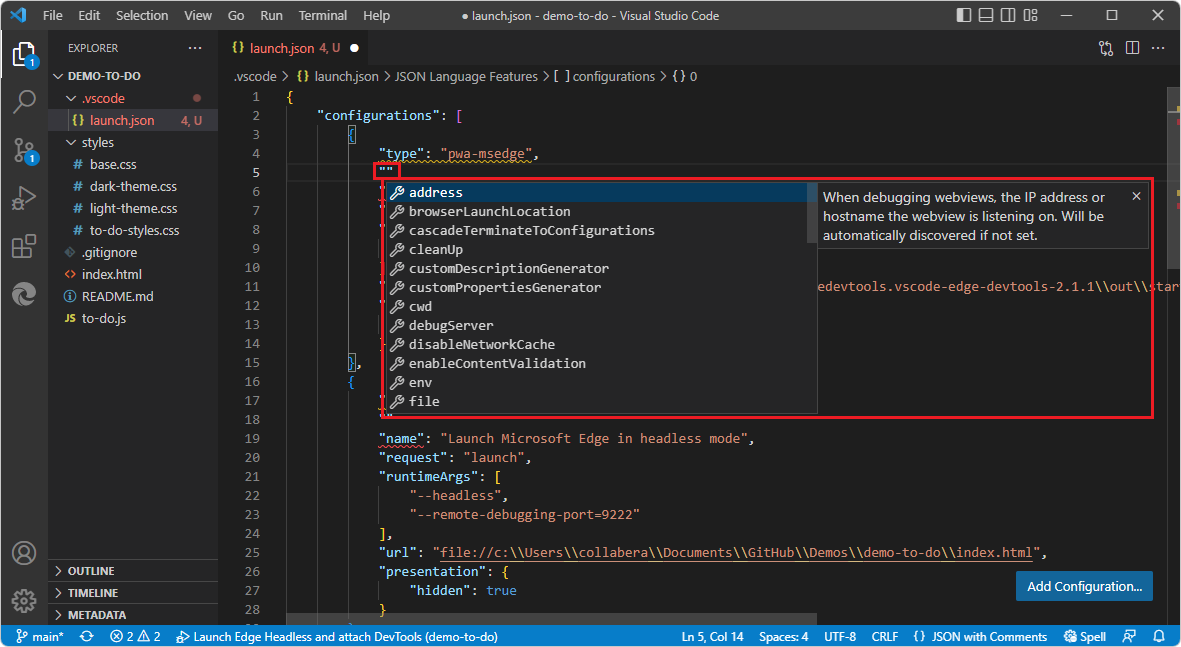 Preenchimento Automático para launch.json