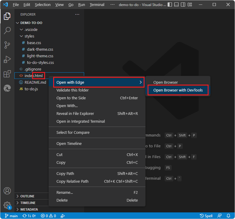 Clique com o botão direito em um arquivo HTML no Explorer para abri-lo com o Edge com ou sem DevTools
