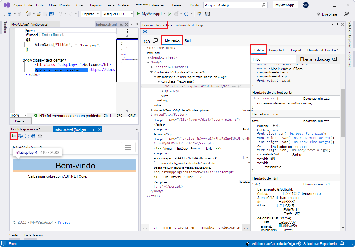 Microsoft Edge Ferramentas de Desenvolvedor para Visual Studio: Ferramenta Elementos do DevTools