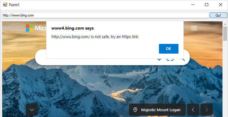 Um alerta http que diz para experimentar https em vez disso