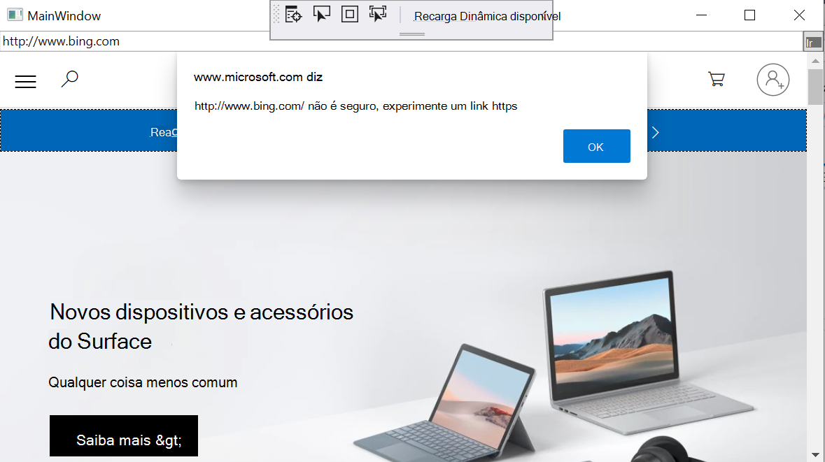 Mensagem mostrando que uma URL http: não é segura e recomendando tentar uma URL https: