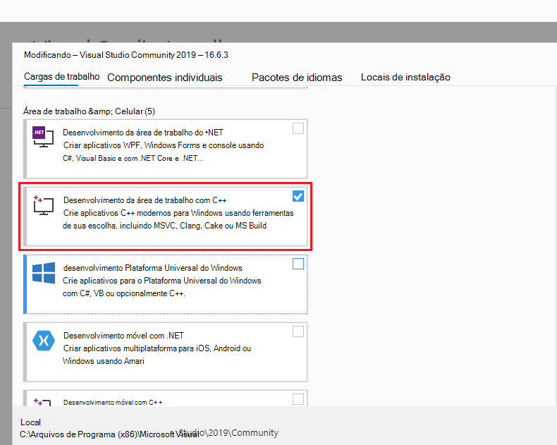 Tela de modificação de cargas de trabalho do Visual Studio