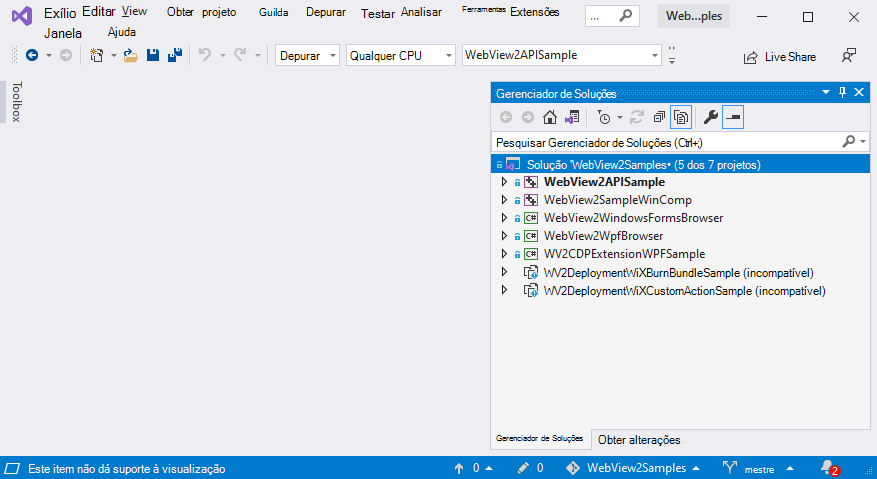 Gerenciador de Soluções para o repositório WebView2Samples, mostrando os exemplos de WebView2 como projetos