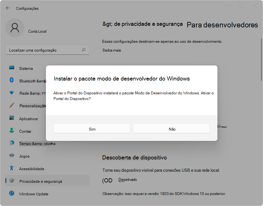 Instale o pacote do Modo de Desenvolvedor do Windows