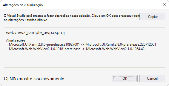 A caixa de diálogo 'Visualizar Alterações' para instalar o pacote Microsoft.UI.Xaml