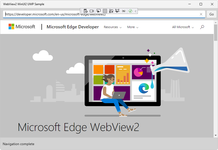 O webview2_sample_uwp projeto em execução, exibindo o conteúdo da página da Web