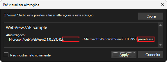 A caixa de diálogo Visualizar Alterações para o pacote NugGet do WebView2