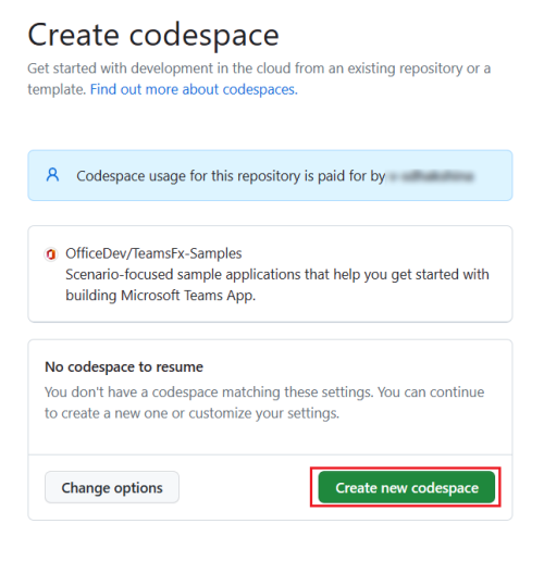 A captura de tela mostra a página do GitHub para criar um codespace para o bot.