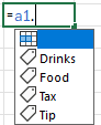 Mostrar o usuário digitando 'a1.' e o Excel mostrando um menu com opções de bebidas, comida, impostos e gorjetas.