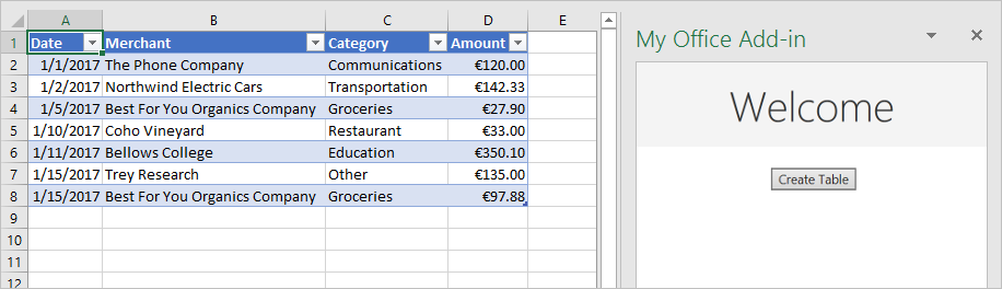 Excel exibindo um painel de tarefas do suplemento com um botão Criar Tabela e uma tabela na planilha preenchida com dados de Data, Comerciante, Categoria e Valor.